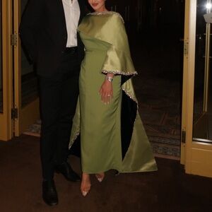 Custom luxury olive green evening gown with black velvet interior long  sleeves